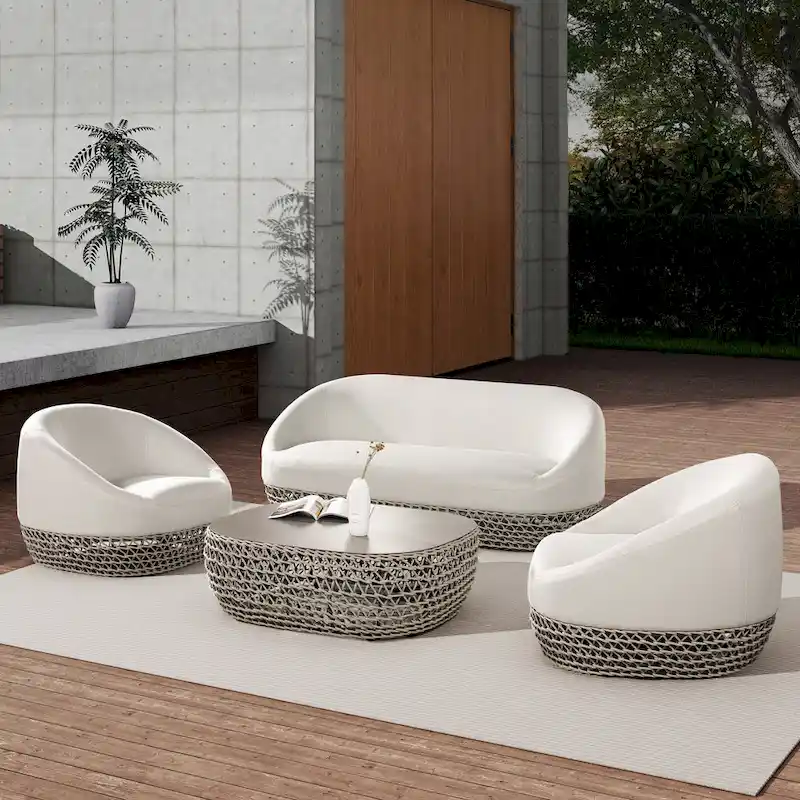Willow 4-Piece Rope Woven Deep Seating Patio Conversation Set
