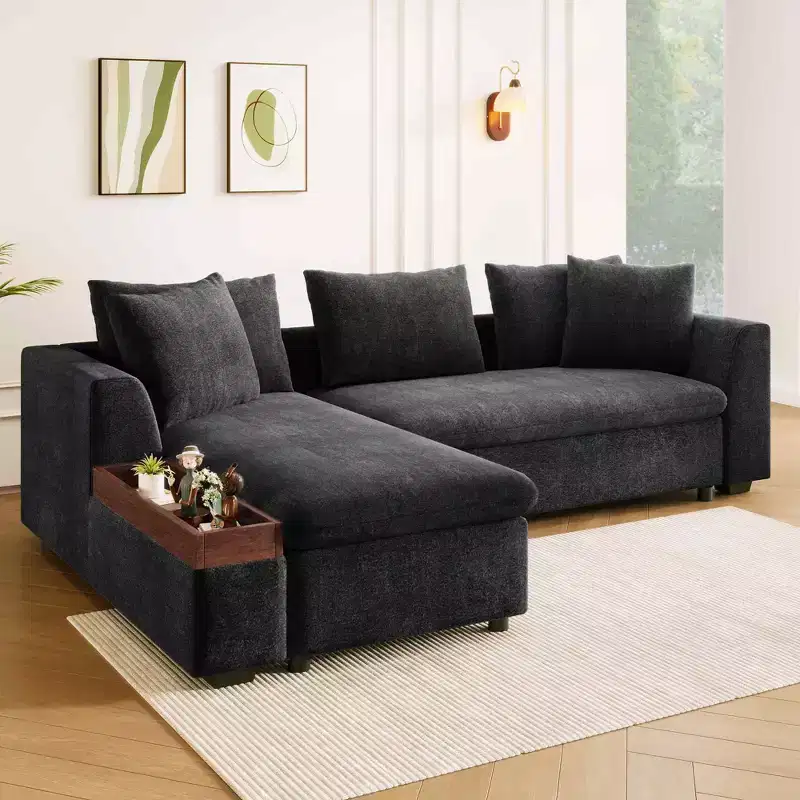 Merax L-Shaped Modern Chenille Fabric Sectional Sofa with Wooden Storage Compartment and Throw Pillows