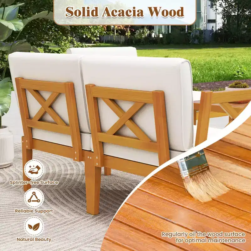 Costway 5 PCS Acacia Wood Patio Furniture Set with 2-Tier Coffee Table and Cushions