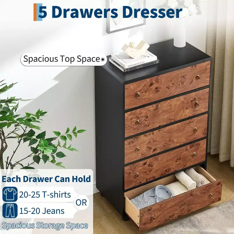 5-Drawer Dresser with Curved Profile, 46 in Tall Modern Chest with Natural Oak Texture