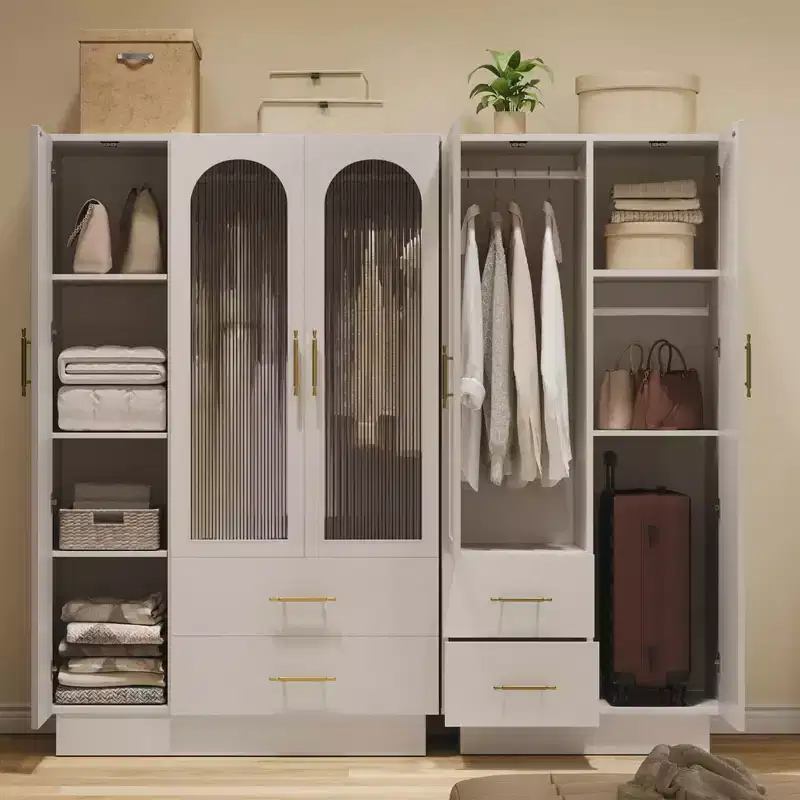 2-Door Storage Cabinet with Glass Door, Contemporary Wooden Organizer Unit with Hanging Rods and 2 Drawers, Tall Storage Cabinet