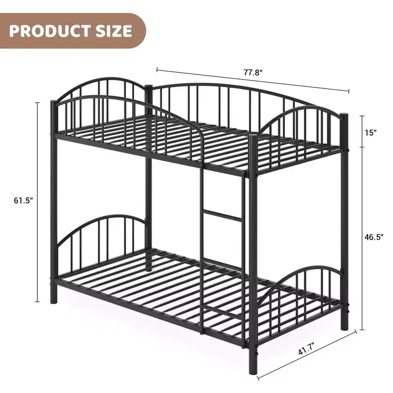 Metal Bunk Bed Twin Over Twin, Heavy Duty Bunkbeds Frame with Arched Guardrail and Safety Ladder, Steel Bed for Kids , No Box Spring Needed, Pink