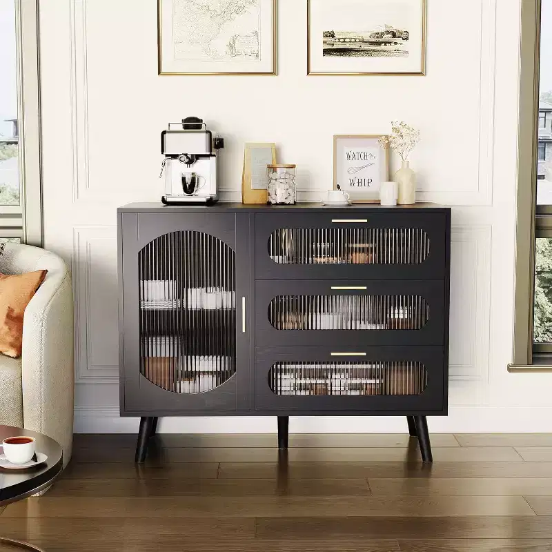 Modern Sideboard Cabinet with 3 Spacious Drawers & Fluted Glass Doors for Dining Room, Kitchen, or Living Room Storage, Sleek Furniture Organizer