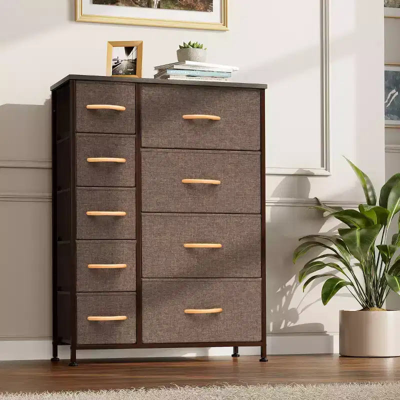 9-Drawer Vertical Dresser Storage Tower, Steel Frame with Wood Top