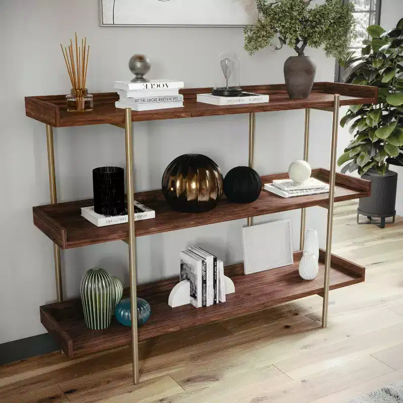 3-Shelf Storage Display Bookcase with Metal Frame, Black Wood Grain