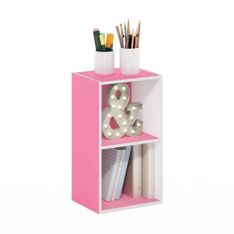 Furinno 2 Tier Open Decorative Bookshelf Night Stand End Table Sofa Side Storage Display Bookcase,Pink/White