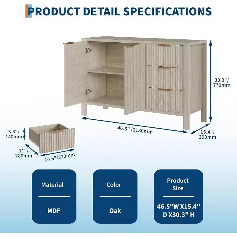 Acekool Modern Fluted 3-Drawer Sideboard Buffet Cabinet, Storage Cabinet for Kitchen or Living Room