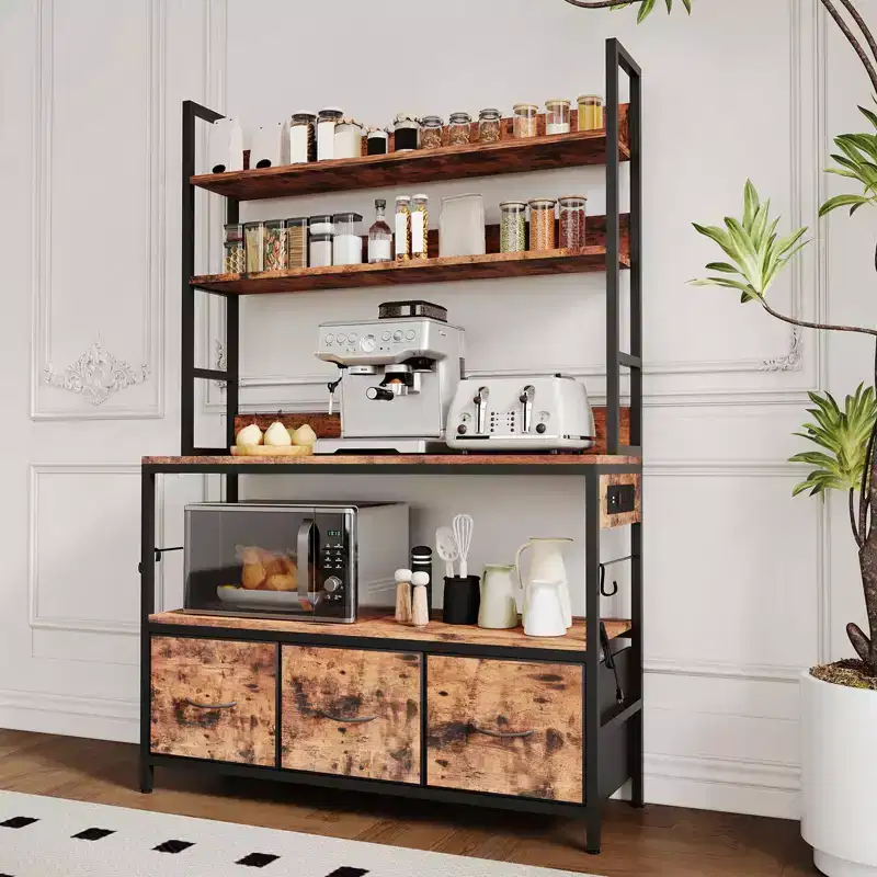 Kitchen Bakers Rack with Charging Station & Drawers, Industrial Microwave Stand, Freestanding Farmhouse Coffee Bar, Utility Shelves with Hooks