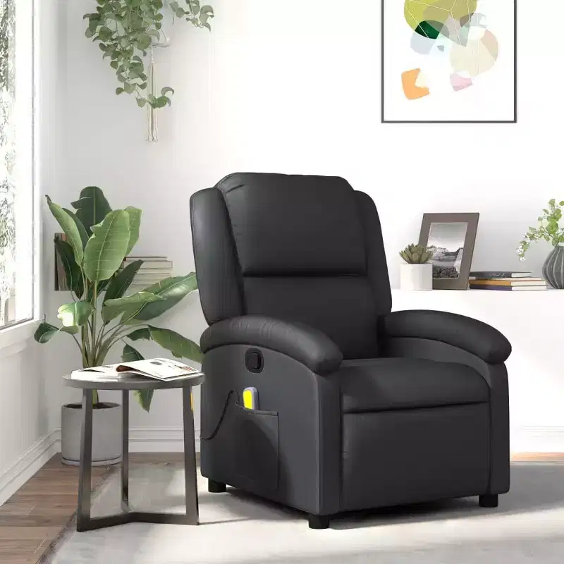 vidaXL Black Real Leather Massage Recliner Chair - Manual Recline, Vibration Function, Side Pocket, Sturdy Frame