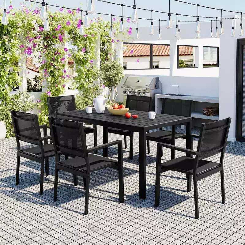 CLIHOME 7 Pieces Steel Outdoor Table and Chair Set, Patio Dining Sets for Patio, Balcony, Backyard