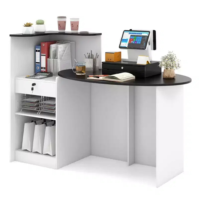Costway Reception Desk with Lockable Drawer & Adjustable Shelf Oval Tabletop for Store White/Black
