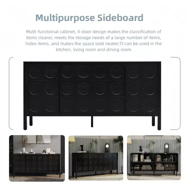 Sideboard Buffet Cabinet With Storage,Wood Coffee Bar Cabinet,Console Storage Cupboard With 4 Geometric Circular Design Doors,Buffet Cabinet Black