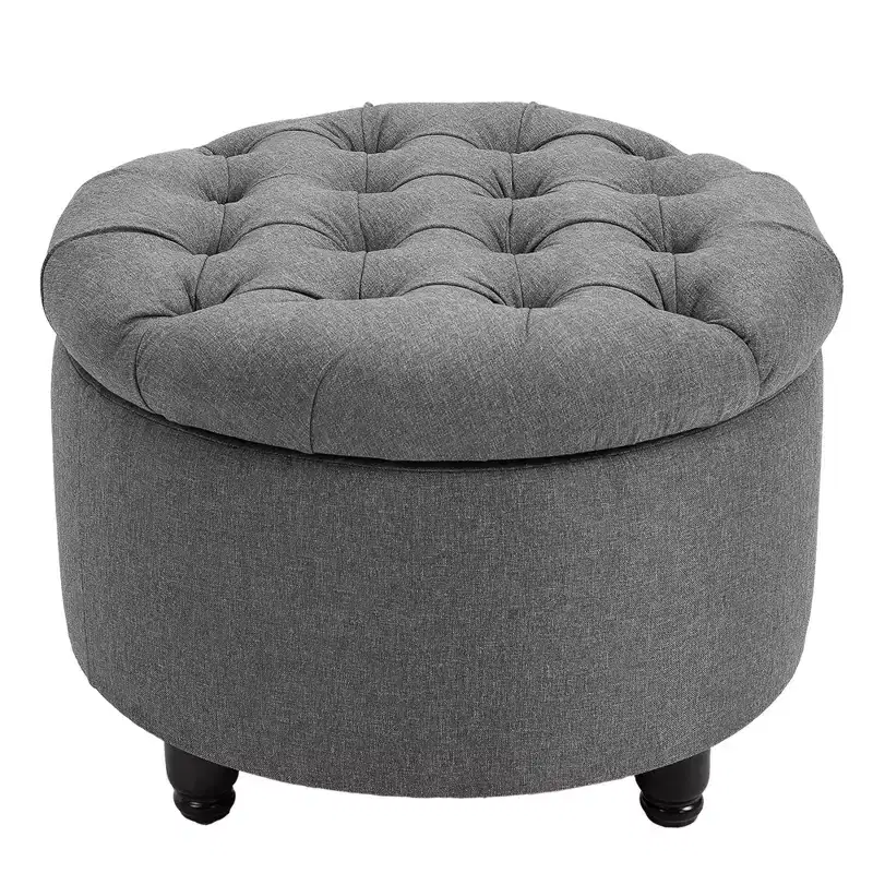 Round Linen-Touch Storage Ottoman, Button Tufted, Removable Lid, Gray