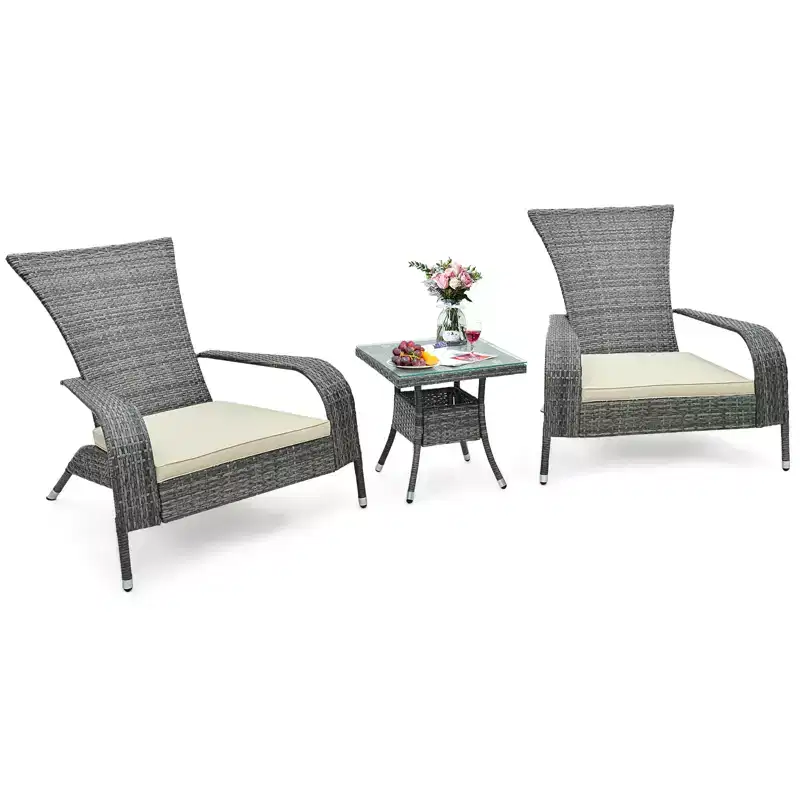 Costway 3-Piece Wicker Adirondack Set Ergonomic Oversized Rattan Chairs w/ Coffee Table Comfy Seat Cushions