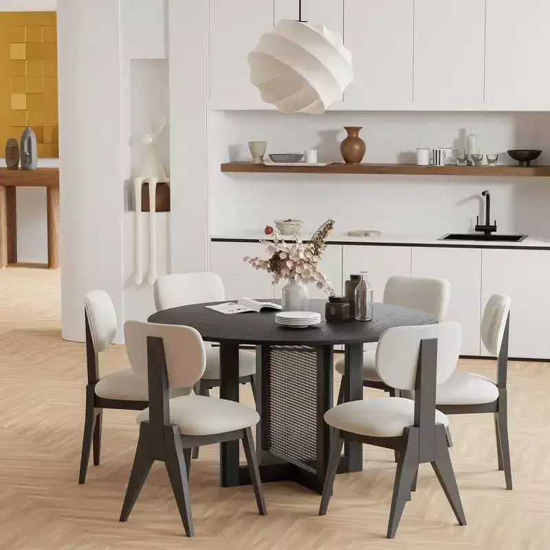 52 x 52 Farmhouse Kitchen Dining Room Table Furniture Round Black Kitchen Table with Rattan Woven Legs for Kitchen Bar Living Room