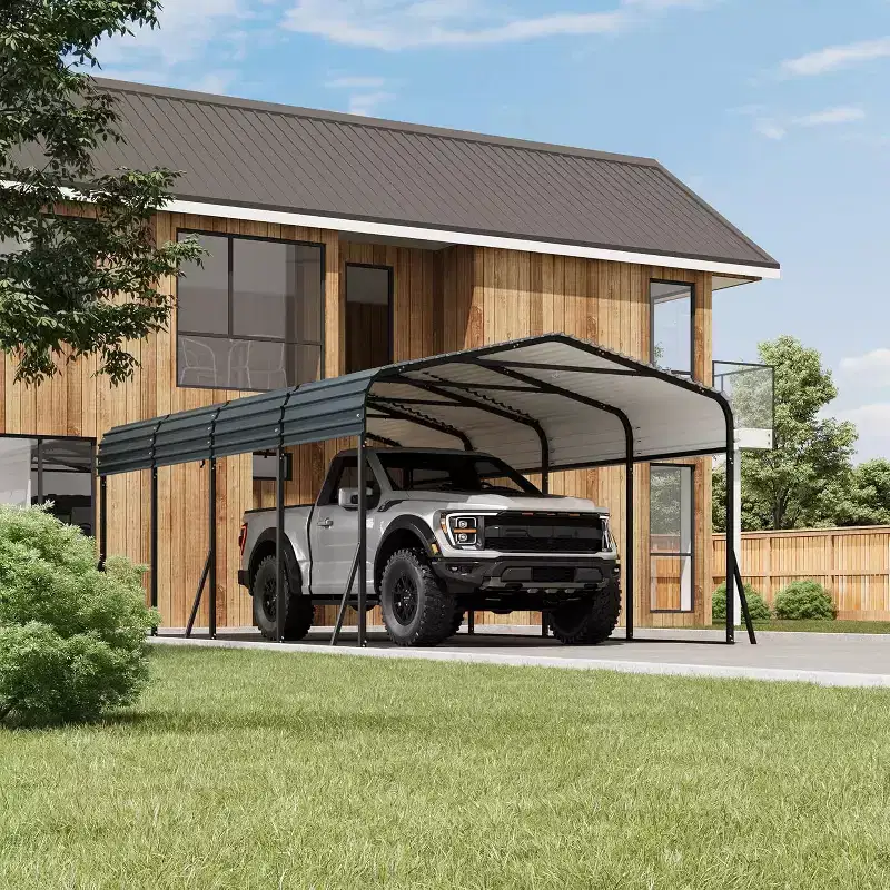 LinTimes 12x20 FT Carport with Heavy Steel Frame and Alloy Iron Roof, Wind Resistant Outdoor Shelter for Vehicle, Truck and Equipment Cover, Gray