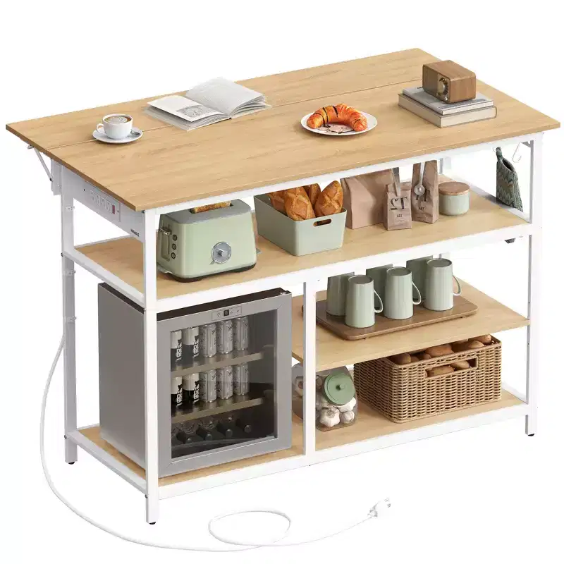 VASAGLE Kitchen Island with Drop Leaf, Kitchen Workbench with Extendable Worktop, Kitchen Cart, Adjustable Shelf