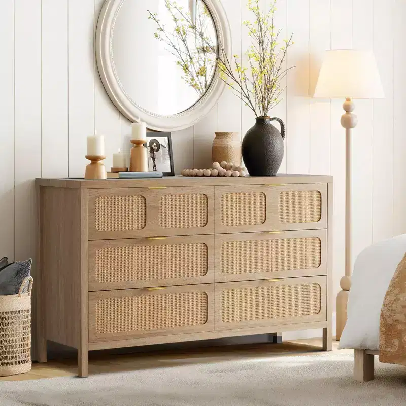 6 Drawer Dresser for Bedroom, 47 Wide Rattan Chest of Drawers with Metal Handles, Wooden Closet Drawer TV Stand, Dresser Organizer