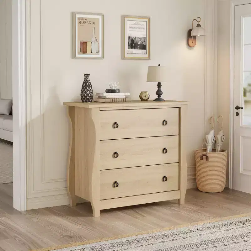 3-Drawer Dresser - Tall Boho Dresser with Curved Legs, Rattan Accents, and Freestanding Storage (30 L x 15.8 W x 29.3 H)