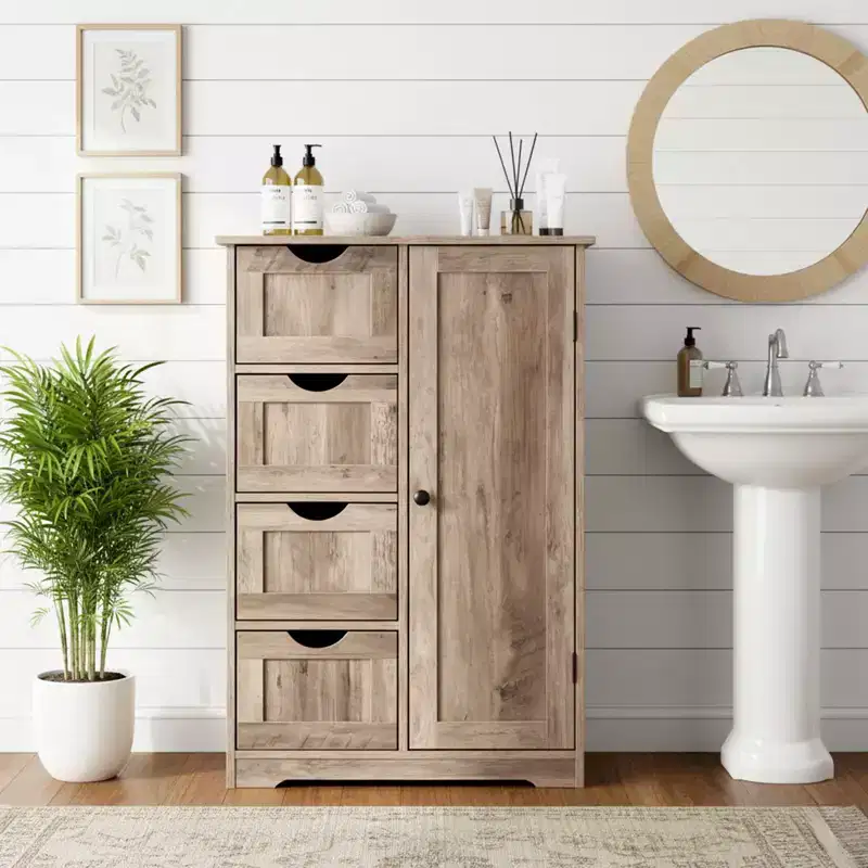 Washed Gray Bathroom Storage Cabinet with 4 Drawers and 1 Door