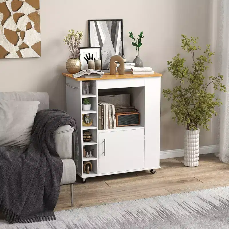 Rolling Kitchen Island Cart with Bamboo Top, Wine Rack, Towel Rack, and Cabinet, White