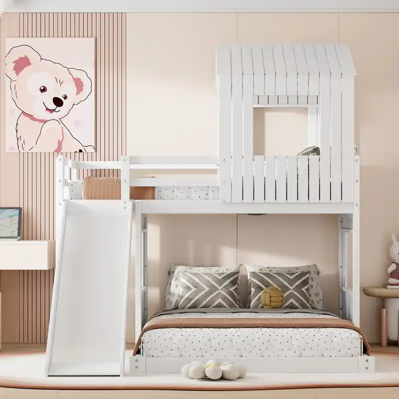Twin Over Solid Wood Full Bunk Bed With Slide, Playhouse Design