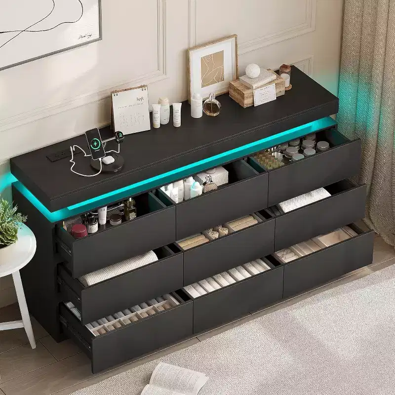 Black / White Modern 9-Drawer Dresser, Single