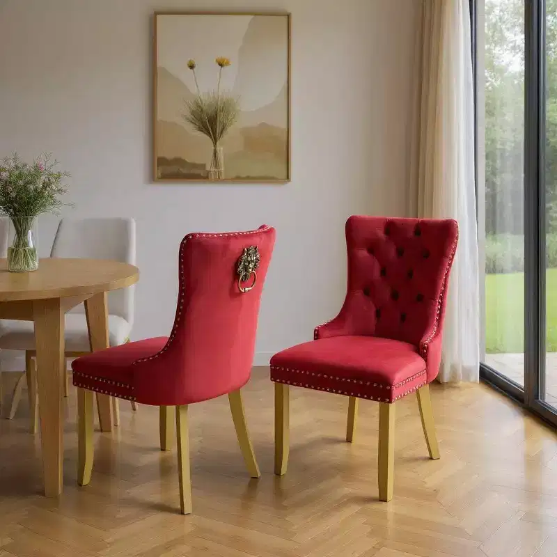 2 Red and Gold Tufted Velvet And Solid Wood Dining Side Chairs