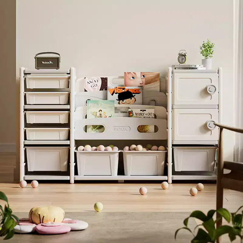 Rene Modern Kids Storage Cabinet with 8 Removable Toy Bins, 4-Tier Bookshelves and 2 Doors