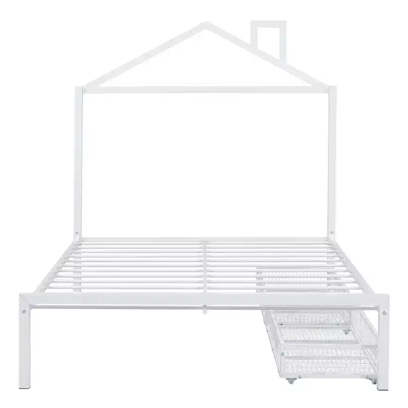 Full Bed for Kids, Metal Full Bed with Drawer for Boys, girs, Full Bed Frame with House-Shaped Headboard, Full Size House Bed, White