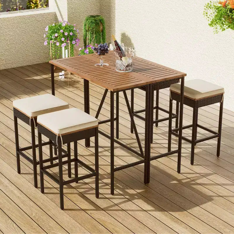 Whisen 5-Piece Outdoor PE Rattan Wicker Bar Height Table Set With Foldable Tabletop and Cushions
