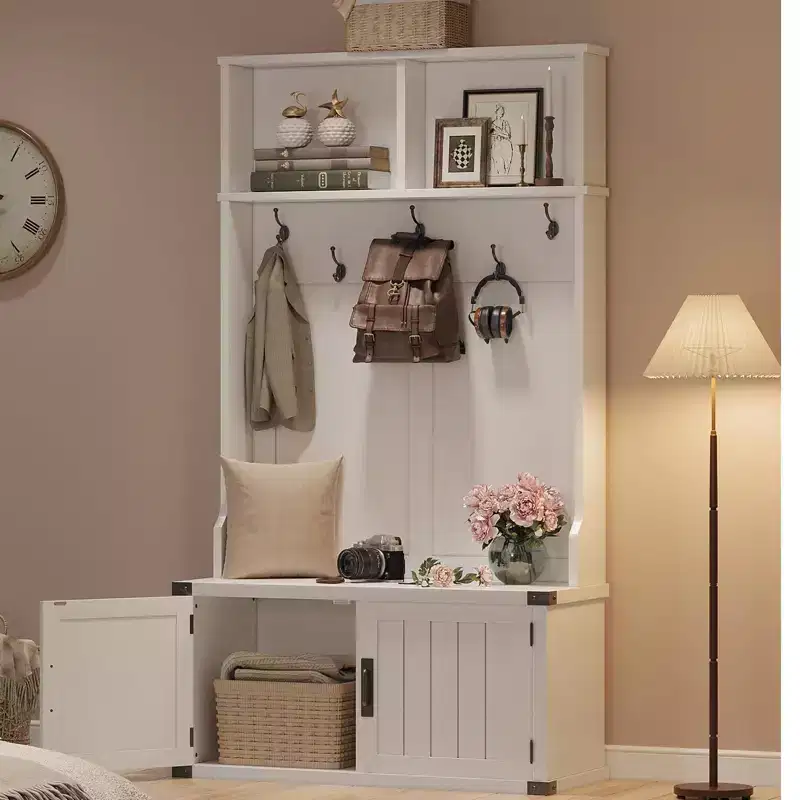 Entryway Hall Tree with Shoe Storage Bench, Coat Rack, 5 Hooks, Adjustable Shelf & Wood Doors – White