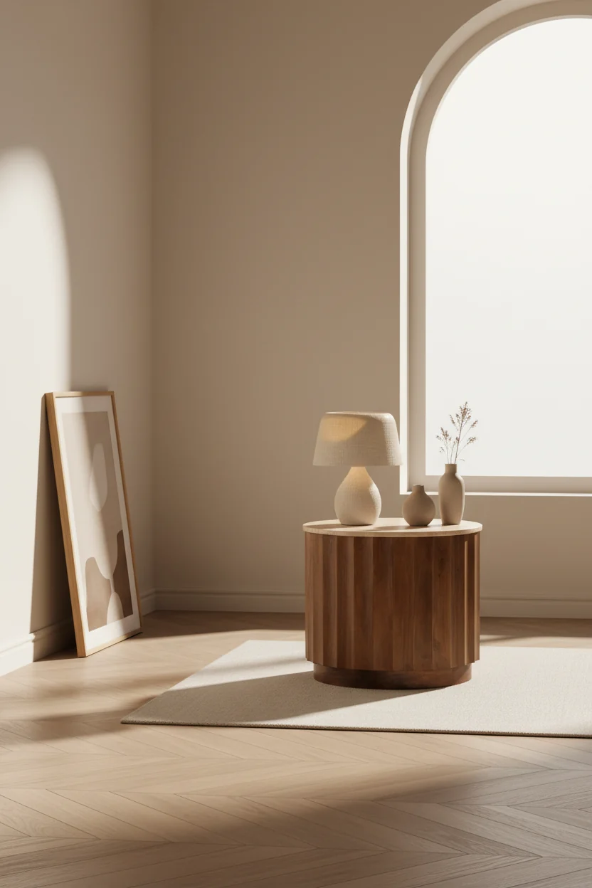 Organic Travertine & Wood Side Table with Round Top & Natural Stone Finish for Living Room