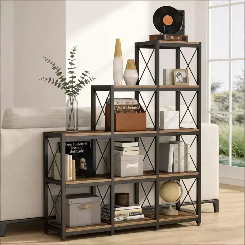 Corner Ladder Bookshelf 9 Cube L Shaped Etagere Metal Wood Display Shelf for Living Room Office, Black