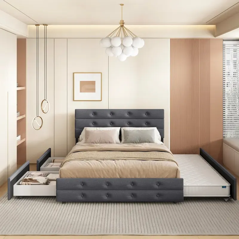 Queen Size Upholstered Linen Platform Bed with Trundle and 2 Drawers