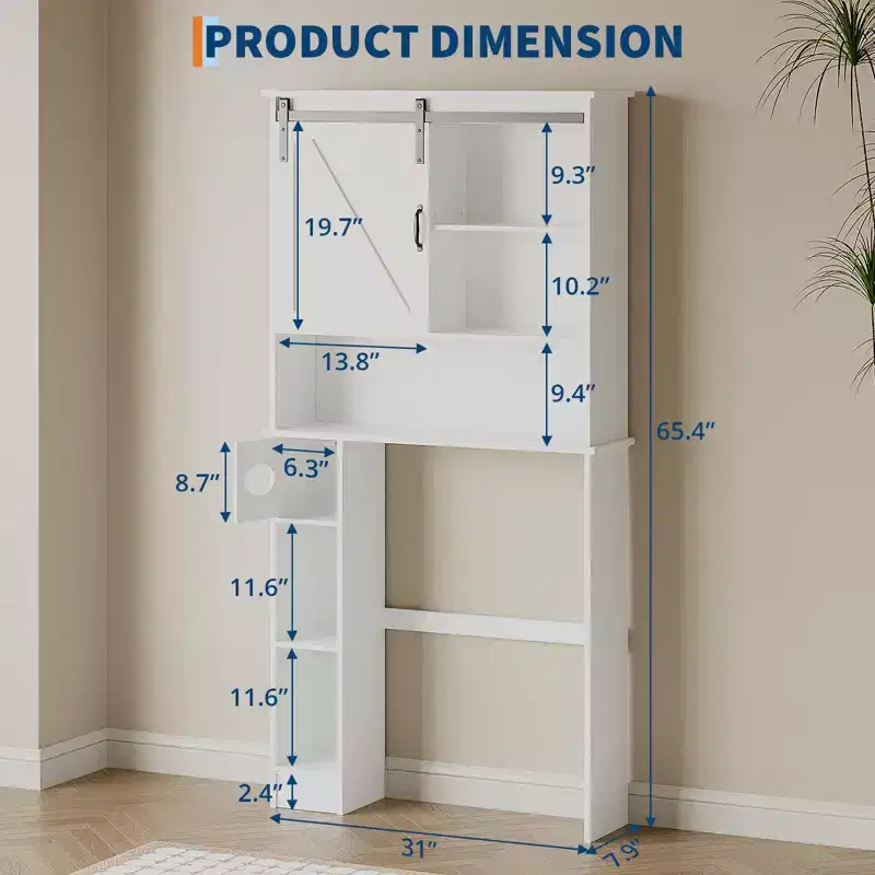 Over The Toilet Storage Cabinet, Tall Storage Cabinet Over Toilet with 2 Sliding Barn Door & Toilet Paper Holder Stand, Space-Saving Toilet Rack