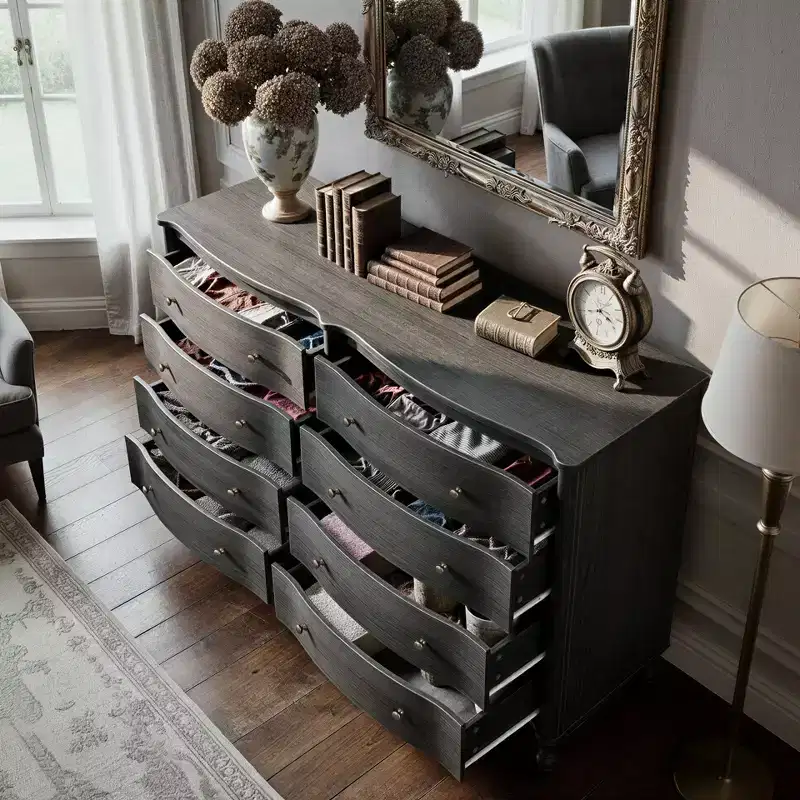 Curved-Front Vintage Dresser with 8 Drawers - Black/Light Oak, Bronze Knobs, MDF