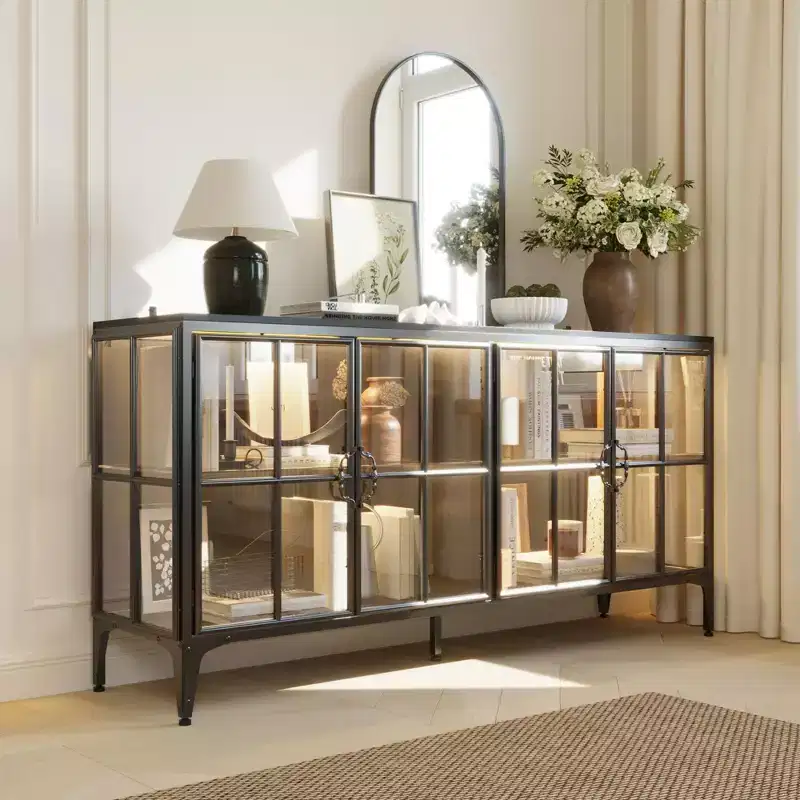 Famapy Glass Door Bookshelves Bookcase Display Storage Cabinet Sideboard with Metal Frame and LED Light for Dining Room
