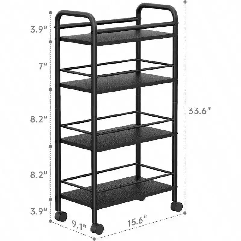 Slim Storage Cart 4 Tier Metal and Wood Rolling Bathroom Cart Black Narrow Kitchen Laundry Room Utility Cart on Wheels