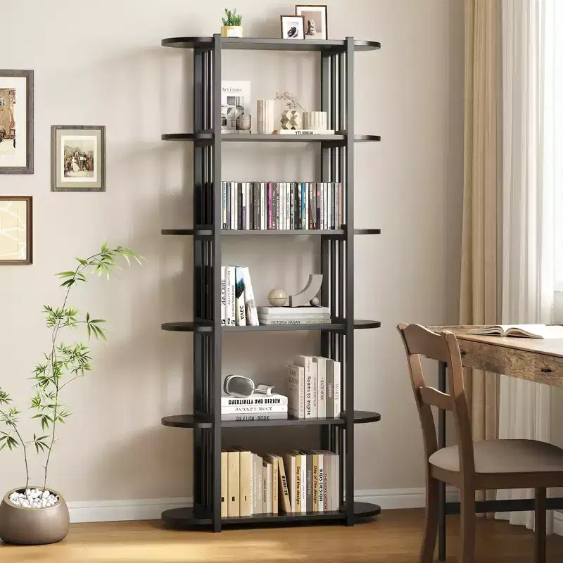 6 Tier Industrial Bookshelf, 71 Inch Tall Narrow Wooden Bookcase with Iron Frames, Compact Open Display Shelving Unit, Apartments