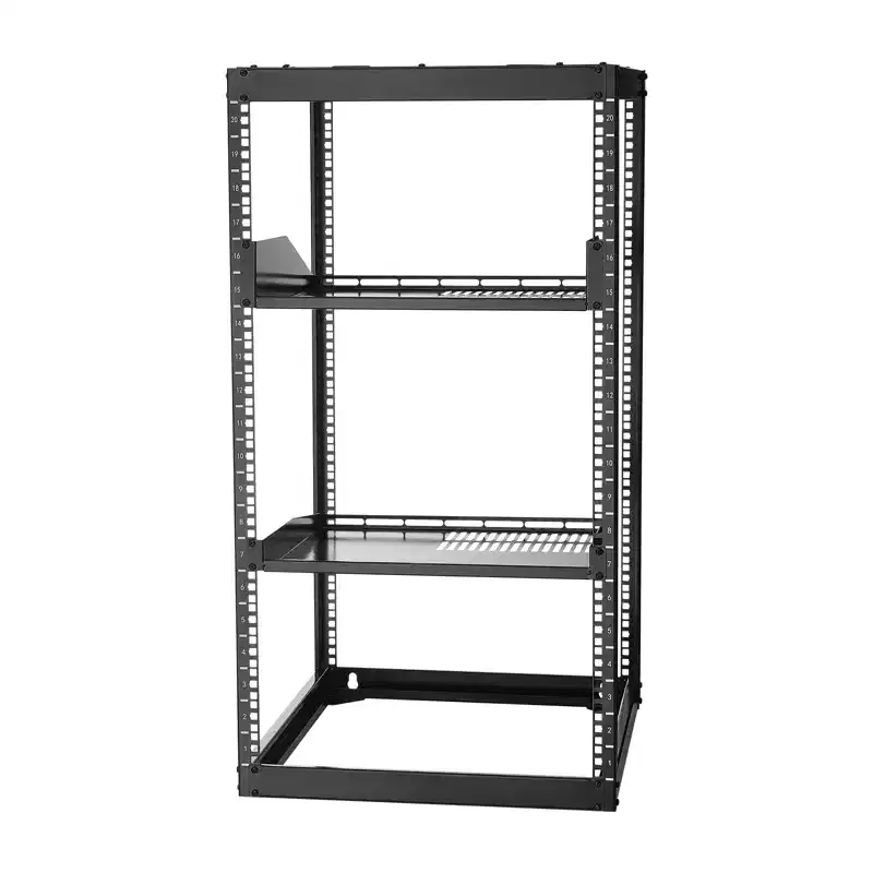 20U Open Frame Network Server Rack, 23-Inch Depth, Wall Mount or Floor Standing, Heavy Duty 4-Post with Vented Shelves, Black