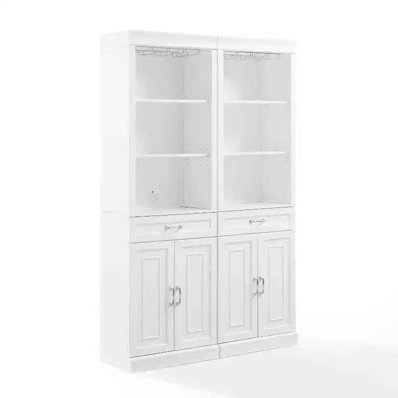 Crosley 78 Stanton 2pc Bar Cabinet Set White: Traditional Farmhouse Style with Adjustable Shelves, Stemware Racks