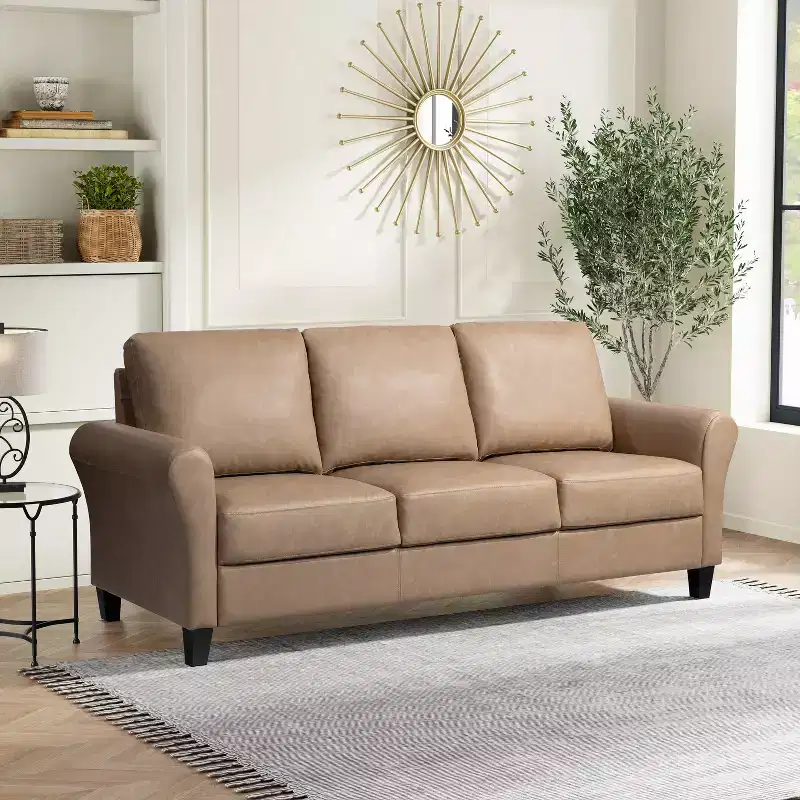 3-Seat Sofa with Rolled Arms – Light Brown Vegan Leather