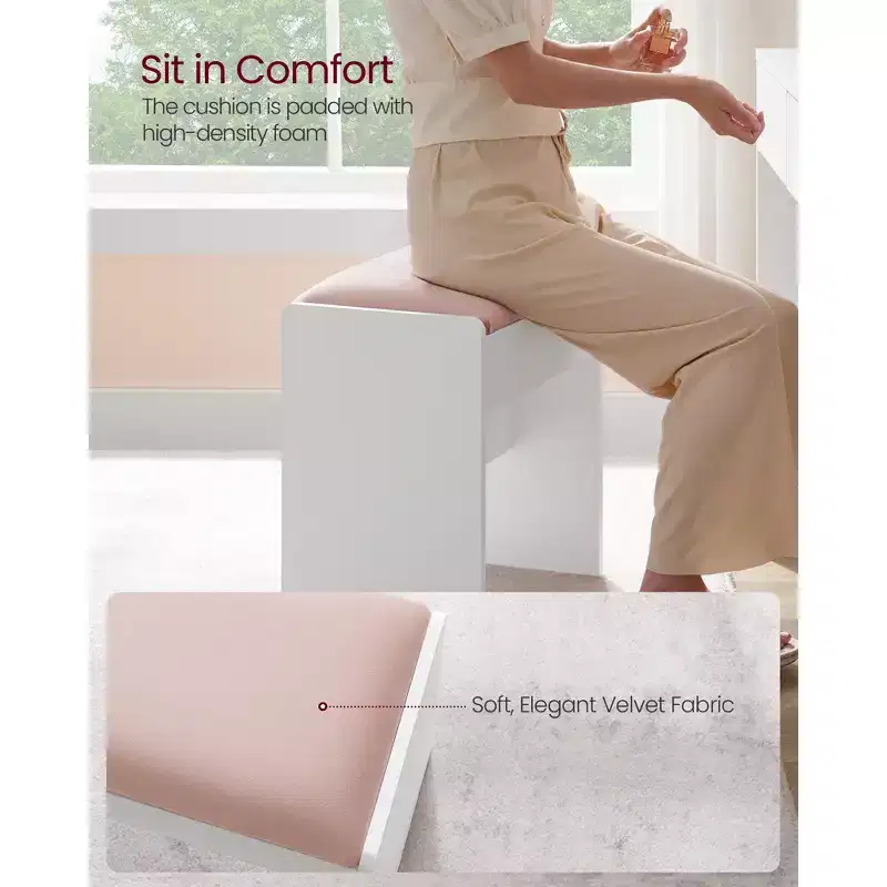 VASAGLE KAILYN Collection - Velvet Vanity Stool, Upholstered Makeup Stool, Footrest with Anti-Slip Pads, Matte White and Jelly Pink