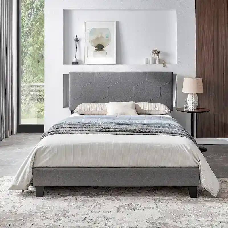 Queen Size Upholstered Platform Bed Frame,Wood Slat Support