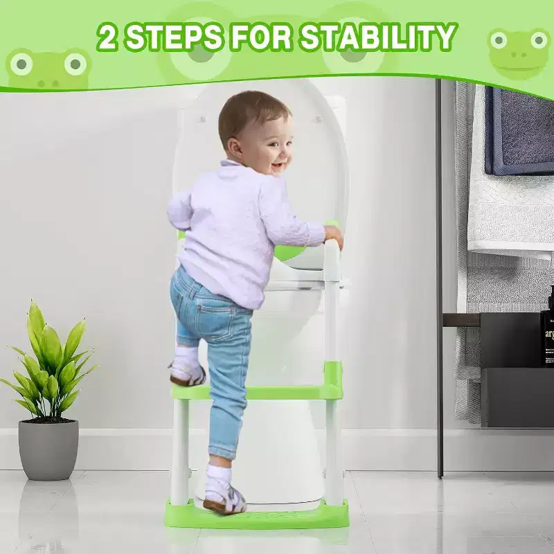 Potty Training Seat with Step Stool Ladder Toddler Kids Potty Seat with Handles Toilet Training Seat with Anti-Slip Safe Pads Adjustable Height Legs