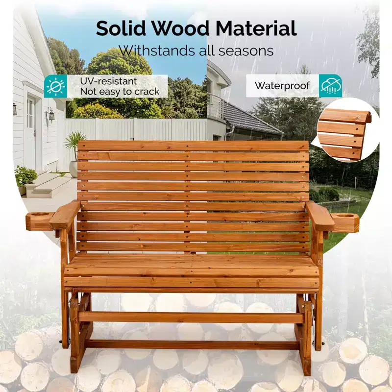 Karl Home | 48 in. Solid Wood Patio Glider Bench with Cup Holder