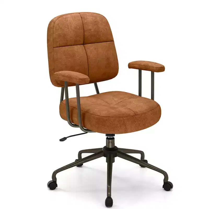 Costway Home Office Chair Leathaire Upholstered Task Chair with Cushioned Back & Armrests Brown/Beige