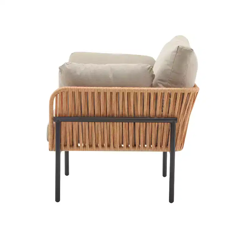 36W Patio Accent Chair Lounge Chair Arm Chair with Cushions, Pillows and Stylish Rope-Weave Design, Iron, Beige+Grey/Natural-ModernLuxe