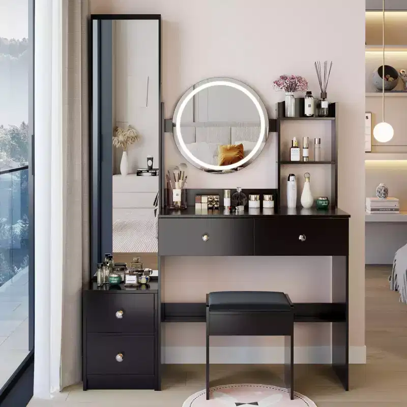 17-Inch Natural Vanity Desk Set with Full-Body Mirror Cabinet and Lights, Cabinet Storage, Matching Stool for Bedroom